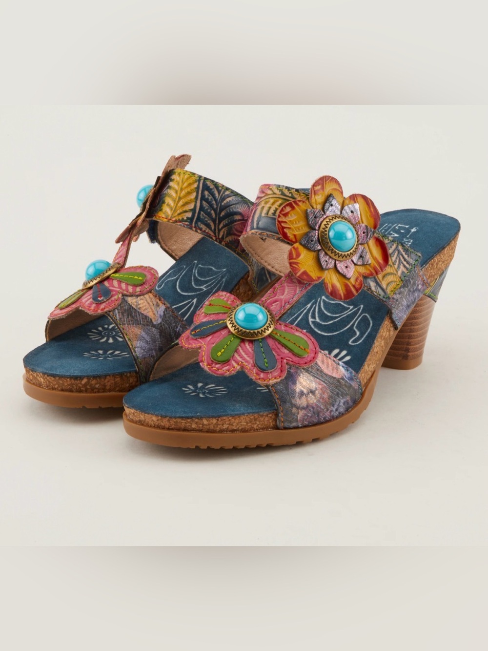 Spring Step L’Artiste Bari Artsy Floral Boho Leather Slide Sandal Sz 38/US 7.5–8